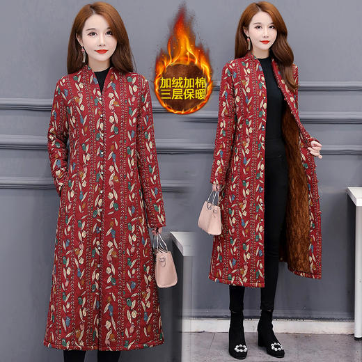 AHM-mmht7618冬季民族风印花加绒加厚复古棉麻棉服外套 商品图3