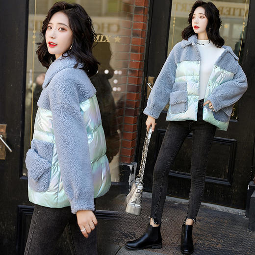LJY-J9A52-109冬季新款韩版宽松百搭羊羔毛拼接棉衣外套 商品图2