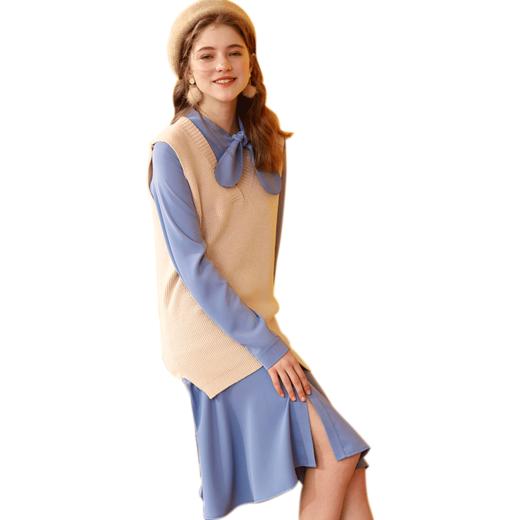 欧芮儿新品蝴蝶结雪纺连衣裙+中长款V领针织衫时尚套两件套 商品图4