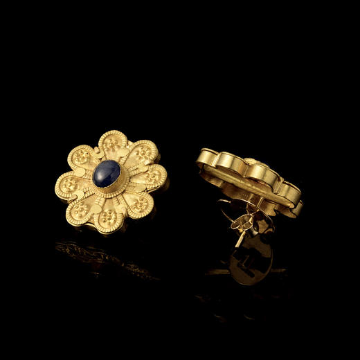 印度莫卧儿帝国原装蓝宝石金花耳钉 商品图1