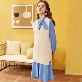 欧芮儿新品蝴蝶结雪纺连衣裙+中长款V领针织衫时尚套两件套