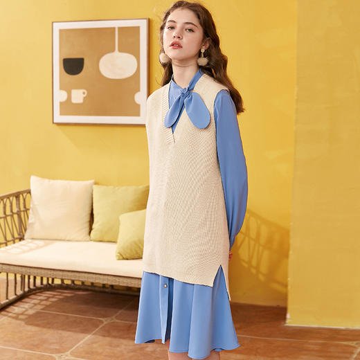 欧芮儿新品蝴蝶结雪纺连衣裙+中长款V领针织衫时尚套两件套 商品图0