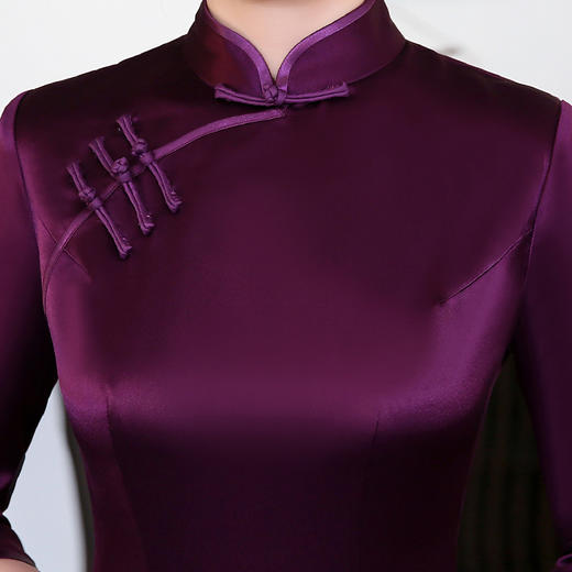 上海旗袍厂LHS-1014新款醋酸缎紫色妈妈装旗袍婚庆婚宴旗袍连衣裙秋冬长款 商品图1