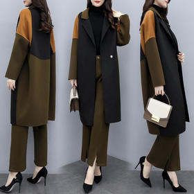 KLJ-秋冬新款宽松大码拼色毛呢外套阔腿裤两件套