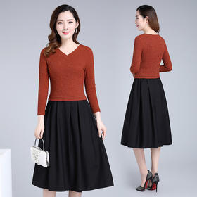 YWE  19C315减龄V领中长款气质优雅拼接连衣裙【优】