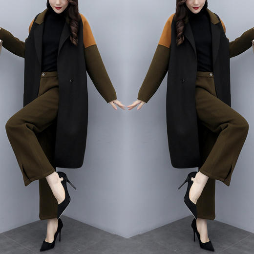 KLJ-秋冬新款宽松大码拼色毛呢外套阔腿裤两件套 商品图4