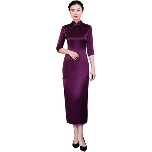 上海旗袍厂LHS-1014新款醋酸缎紫色妈妈装旗袍婚庆婚宴旗袍连衣裙秋冬长款 商品图5