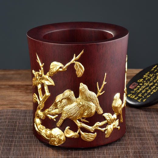 金陵金箔黑梓木五牛图笔筒摆件 商品图2