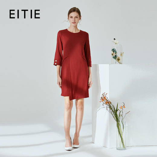 EITIE爱特爱春季新款通勤圆领七分袖收腰A版连衣裙中长女6007768 商品图1