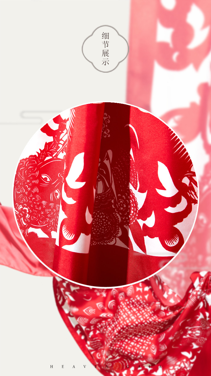红色剪纸戏曲图案真丝围巾g22010907
