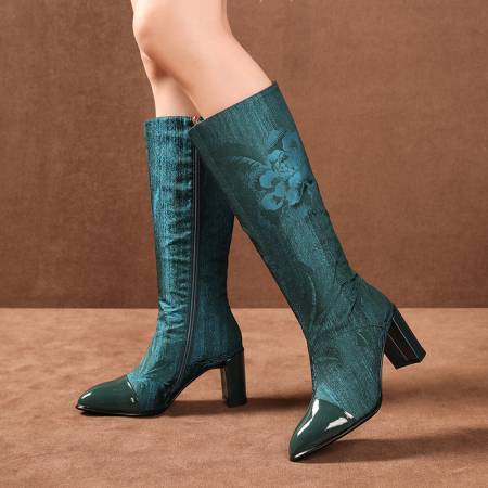 MJM-5049-2X冬季新款粗跟方头真皮拼接时装靴 商品图1