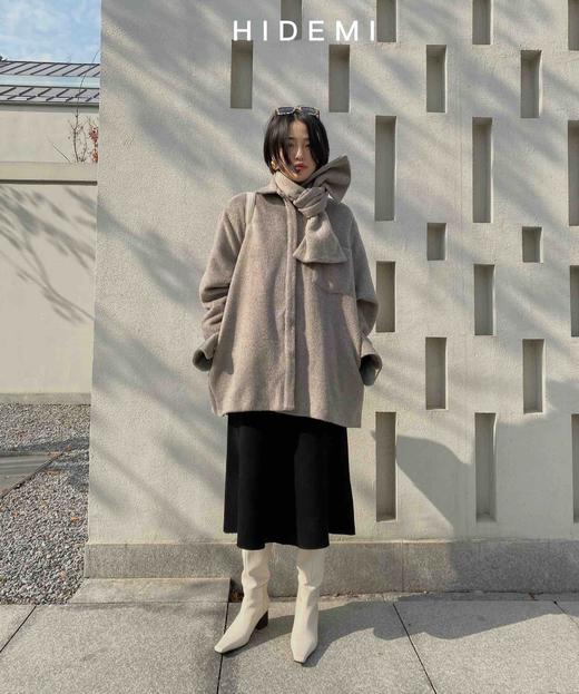 HIDEMI 燕麦灰设计感OS大衬衫式高克重加厚羊驼毛围巾式大衣 商品图1