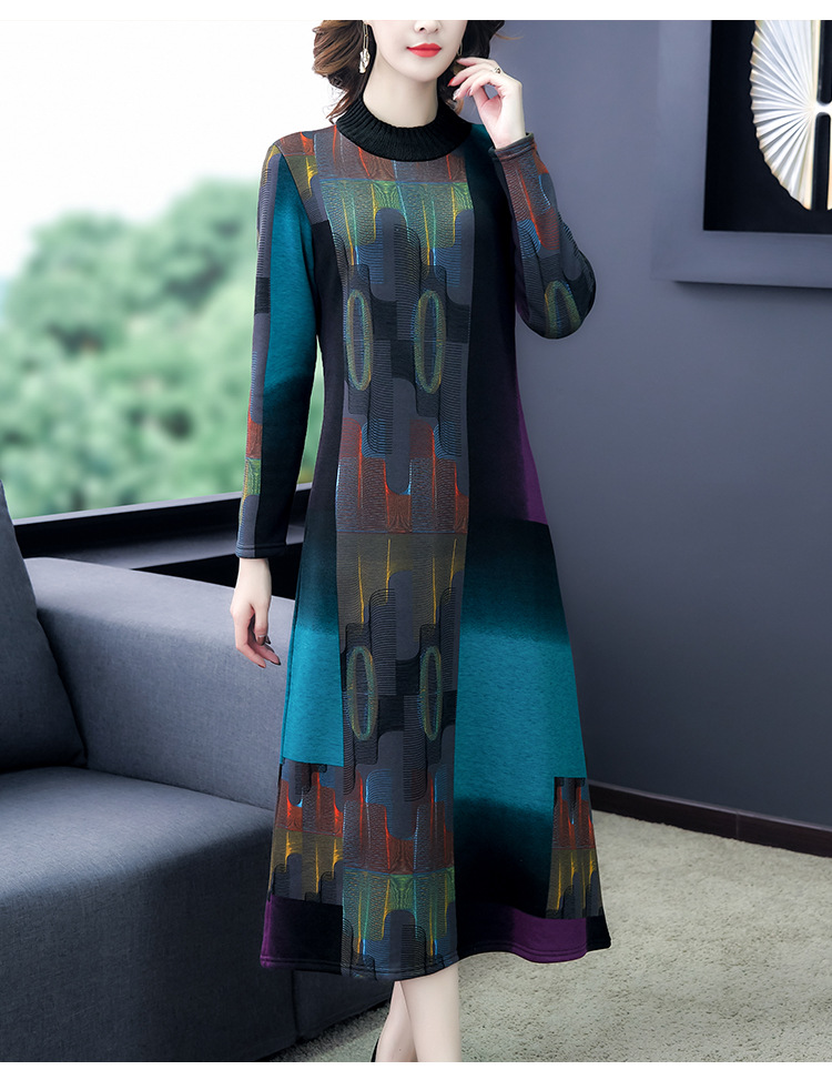 ahm-lmx5935 高贵加绒连衣裙女过膝阔太太加厚中长款打底裙