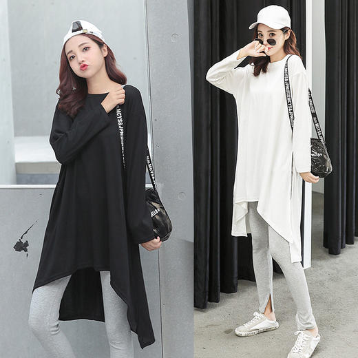 忌平庸流行2018秋冬新款宽松大码纯色长袖t恤女装中长款圆领不规则