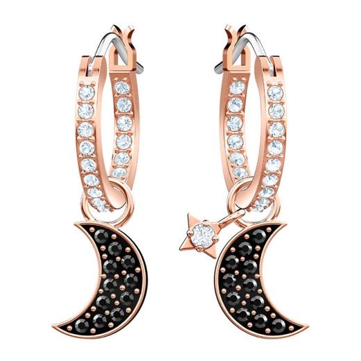【品牌授权】Swarovski 施华洛世奇 女士黑色月亮星星元素时尚优雅镀玫瑰金DUO MOON系列 HOOP穿孔耳环 5440458 商品图0