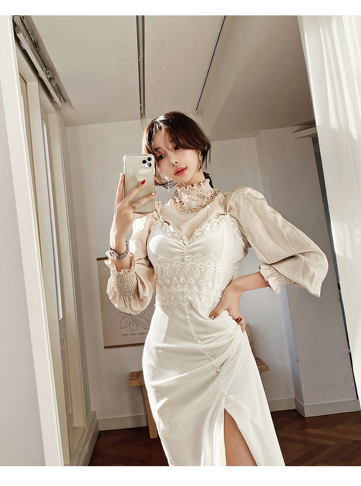 hspm高领荷叶边甜美衬衫蕾丝吊带前开叉御姐风连衣裙嫮