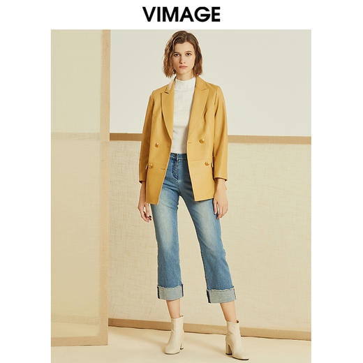 VIMAGE纬漫纪春季新款洋气摩登西装领双排扣皮衣外套女短款V1293808 商品图2