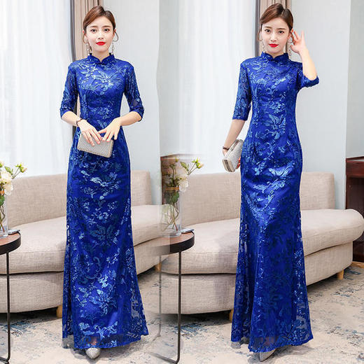 KYFS-9369修身鱼尾蓝色长款走秀礼服连衣裙 商品图4