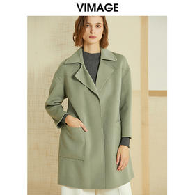 VIMAGE纬漫纪春季新款简约收腰百搭廓形羊毛呢大衣女中长款V1314904