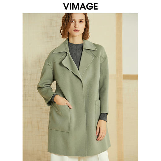 VIMAGE纬漫纪春季新款简约收腰百搭廓形羊毛呢大衣女中长款V1314904 商品图0