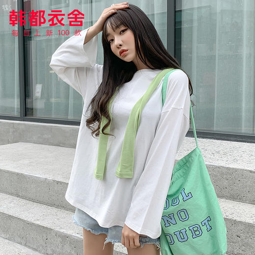 韩都衣舍2020春新款女韩版宽松圆领打底衫长袖中长款T恤MY1501沐 商品图3