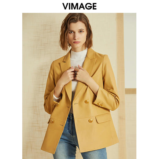 VIMAGE纬漫纪春季新款洋气摩登西装领双排扣皮衣外套女短款V1293808 商品图1