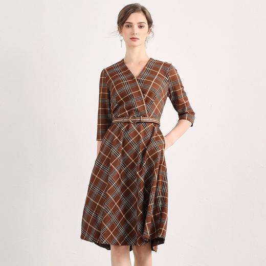 英伦风格子v领修身显瘦中长春秋女士连衣裙83164aod183hcc