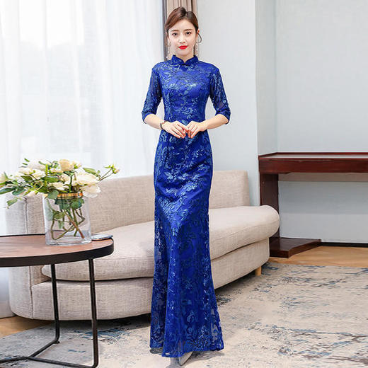 KYFS-9369修身鱼尾蓝色长款走秀礼服连衣裙 商品图3