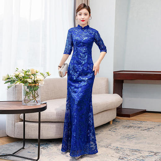 KYFS-9369修身鱼尾蓝色长款走秀礼服连衣裙 商品图0