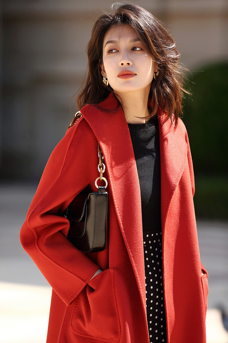 shd1173118炉火红双面呢水波纹长款羊毛大衣