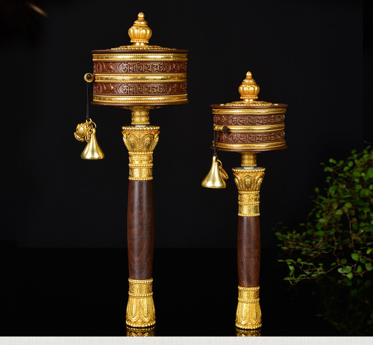 新款亚青寺藏式手摇转经轮手摇纯铜双层六字真言大明咒藏式转经筒大小