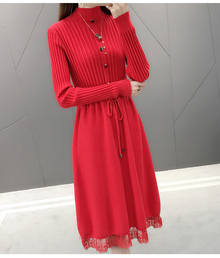 仅需138】2019秋冬新款优雅小方领针织中长款系带收腰显瘦过膝连衣裙