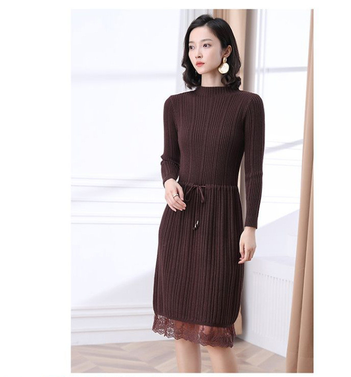 仅需138】2019秋冬新款优雅小方领针织中长款系带收腰显瘦过膝连衣裙