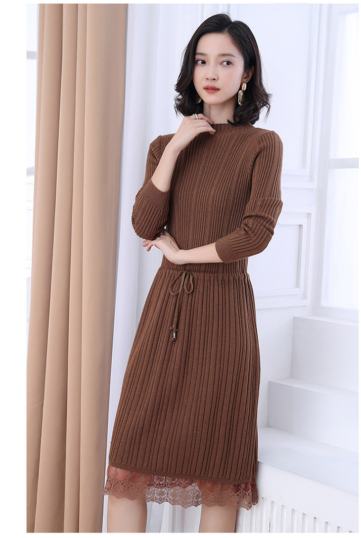 仅需138】2019秋冬新款优雅小方领针织中长款系带收腰显瘦过膝连衣裙