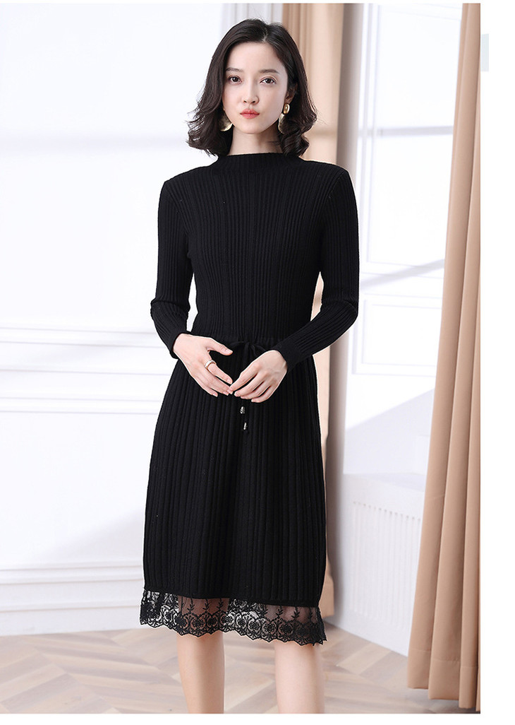 仅需138】2019秋冬新款优雅小方领针织中长款系带收腰显瘦过膝连衣裙