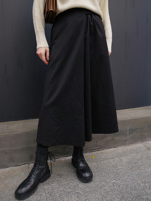 莫度黑色垂感高腰系带抗皱八分阔腿裤女冬季偏门襟设计休闲裤子