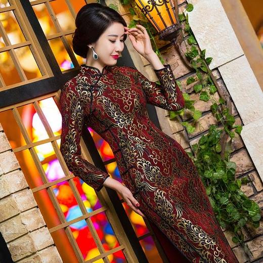 BJS-7604开叉立领丝绒蕾丝长袖旗袍 商品图0