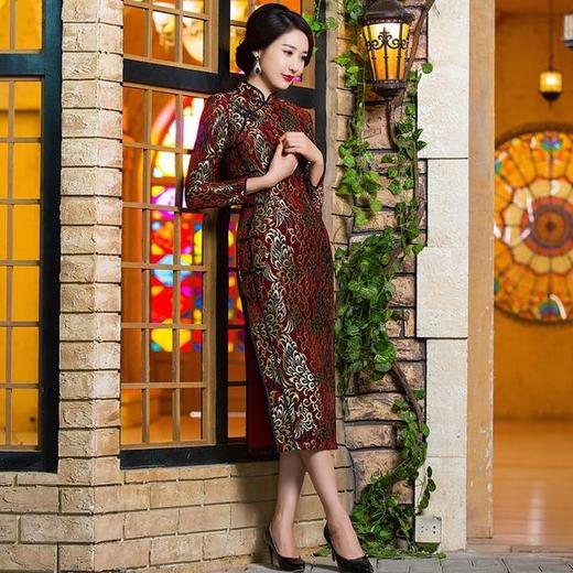 BJS-7604开叉立领丝绒蕾丝长袖旗袍 商品图2