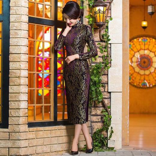 BJS-7604开叉立领丝绒蕾丝长袖旗袍 商品图3