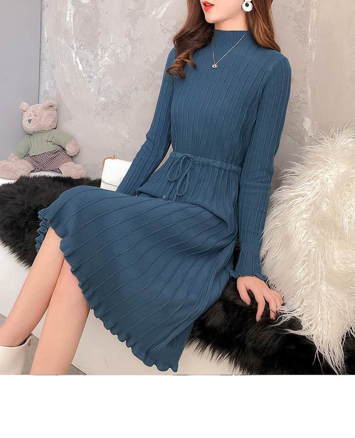 仅需138】2019秋冬新款优雅小方领针织中长款系带收腰显瘦过膝连衣裙