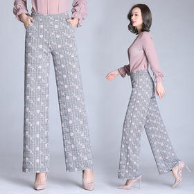 ZZDM-1821新款韩版宽松九分裤格子高腰直筒阔腿裤