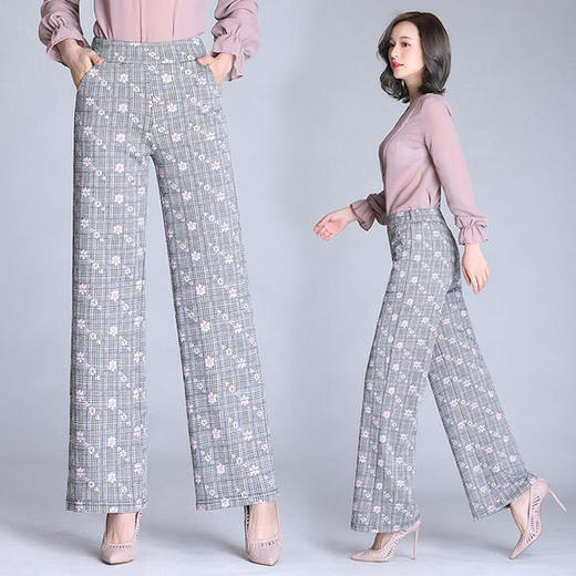 ZZDM-1821新款韩版宽松九分裤格子高腰直筒阔腿裤 商品图0