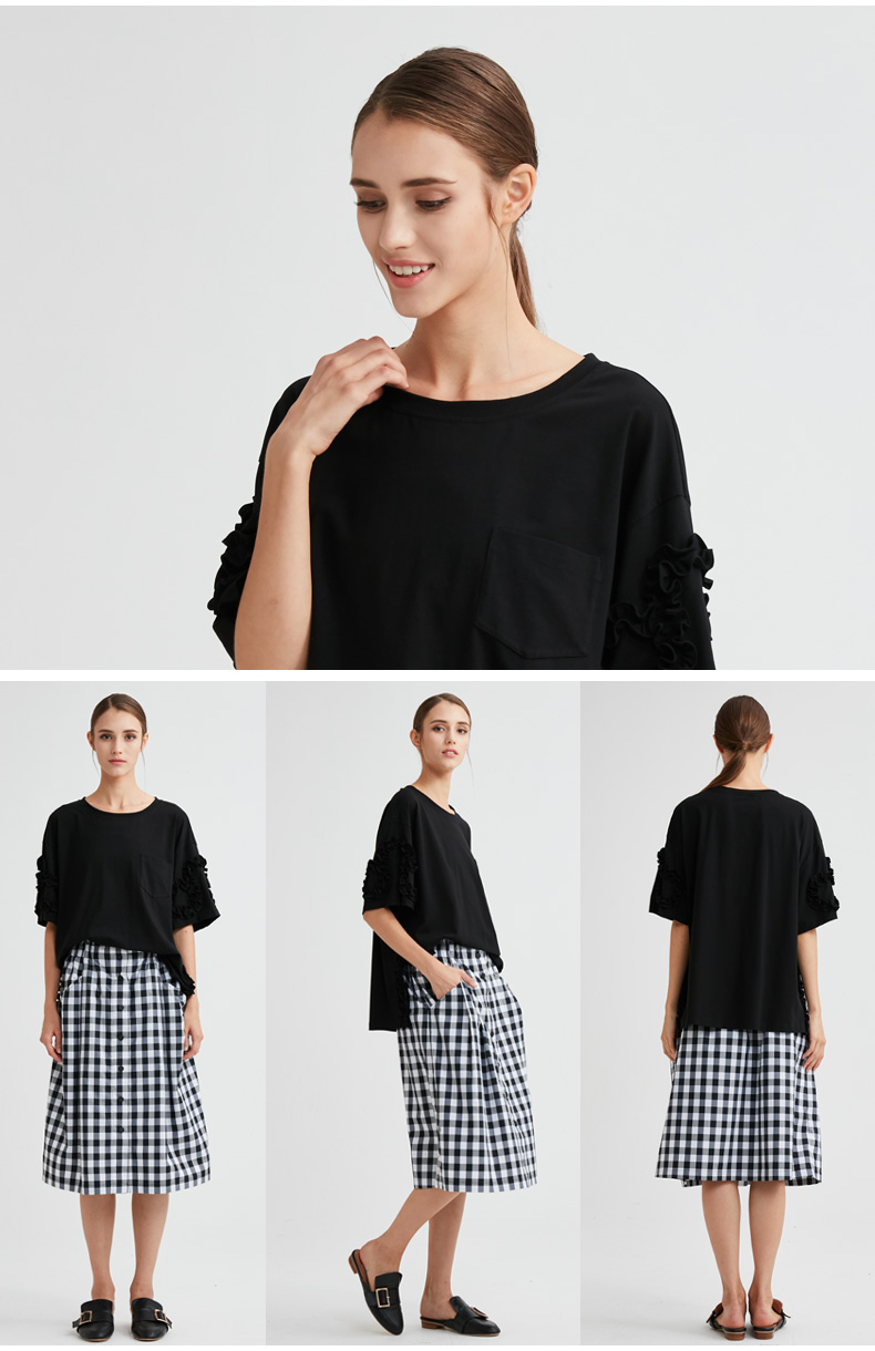 水淼2020春夏新款大码女装胖妹妹荷叶边拼接宽松显瘦中袖t恤6689