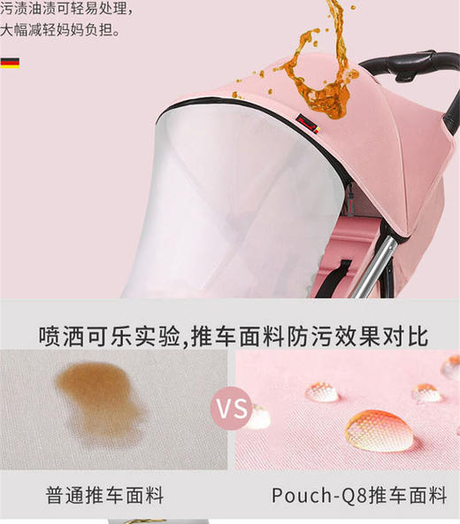 POUCH 防污防晒防蚊可折叠有天窗婴儿推车 Q8    世界那么大，宝宝也想去看看！防蚊防晒，白天夜晚出行都不怕，轻便透气可折叠，随时可以单手拎走，国外旅行都是不是问题，想去哪里就去哪里。 商品图4