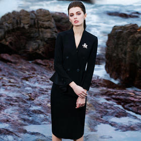 IWY/欧美气质职业装荷叶边修身套裙黑色西装套装女时尚名媛CS0300