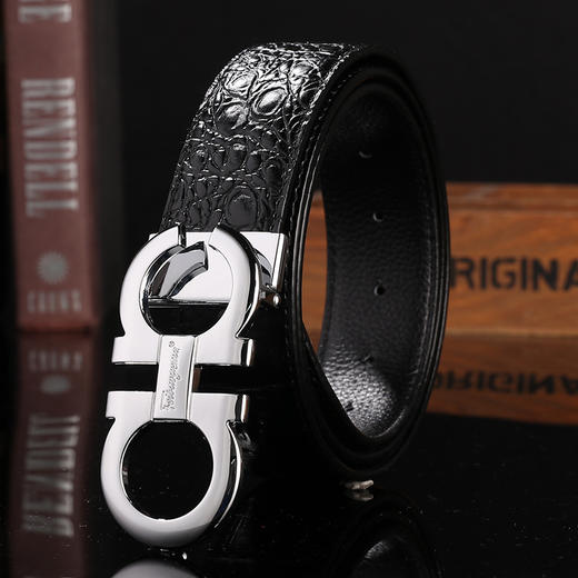 男士皮带 鳄鱼纹平滑扣腰带 压花踩线打眼带身男人配饰 商品图2