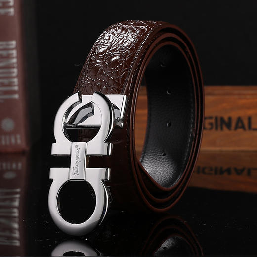 男士皮带 鳄鱼纹平滑扣腰带 压花踩线打眼带身男人配饰 商品图7