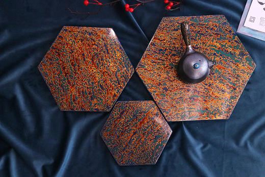 逐物漆器大漆干泡茶台六边形茶盘犀皮漆三件茶套系