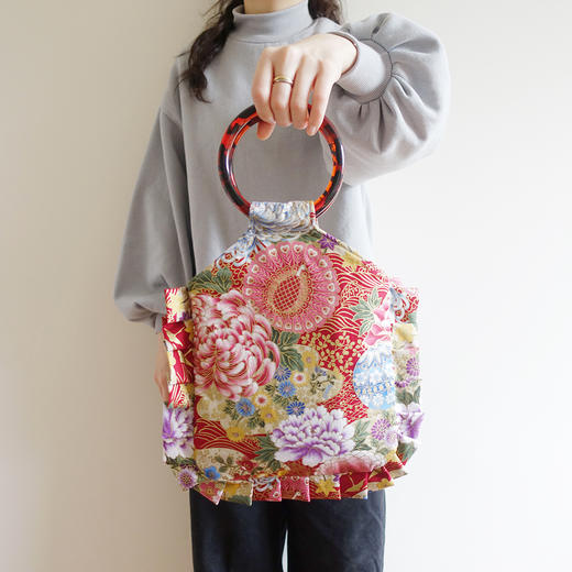 HUGOJIRO荷叶边圆环柄手提包风の花仙鹤牡丹 商品图2