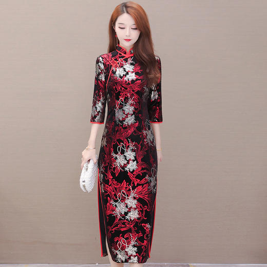 QYM-YJ-20ZN902印花长款潮流中式复古旗袍裙 商品图0